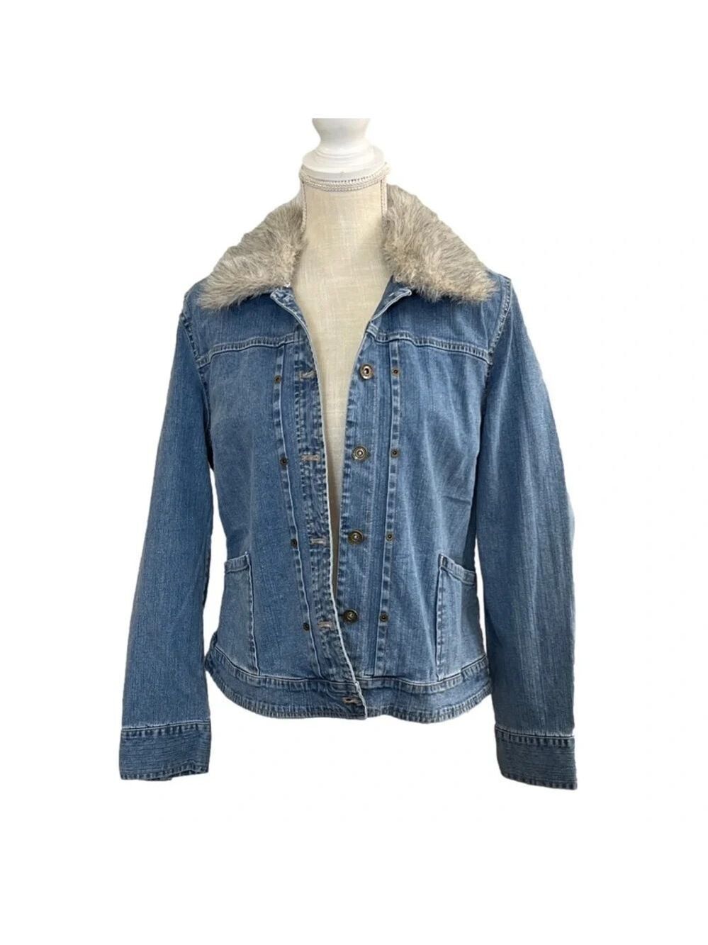 Christopher & Banks Stretch Denim Jacket with Faux Fur Collar. Size Medium